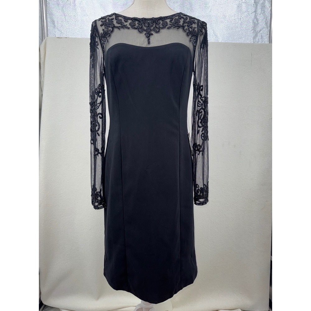 Black Illusion Beaded Mesh Long Sleeve Cocktail Sheath Dress Formal Evening